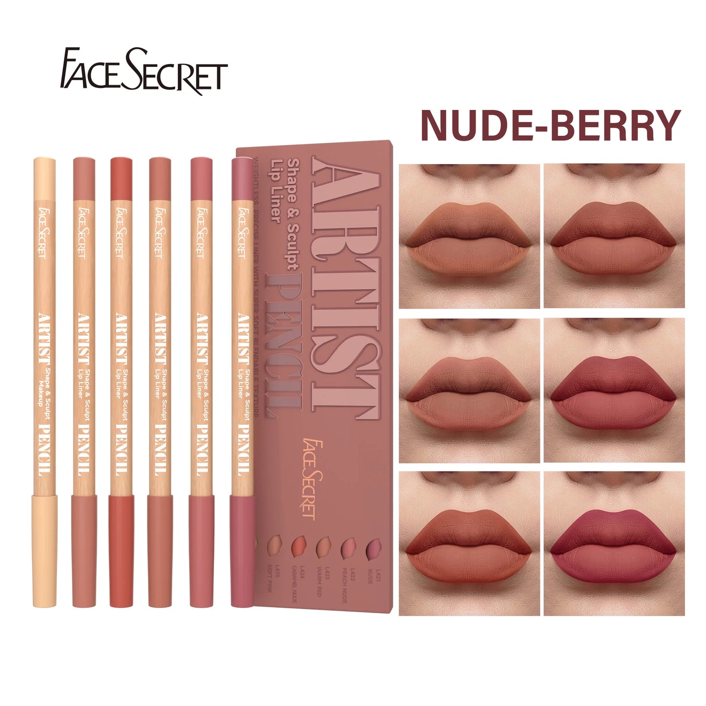 Face Secret Artist Shape Sculpt Lip Liner Pencil Set, Weightless Precise Liner with Super Soft Blendable Texture Matte Soft