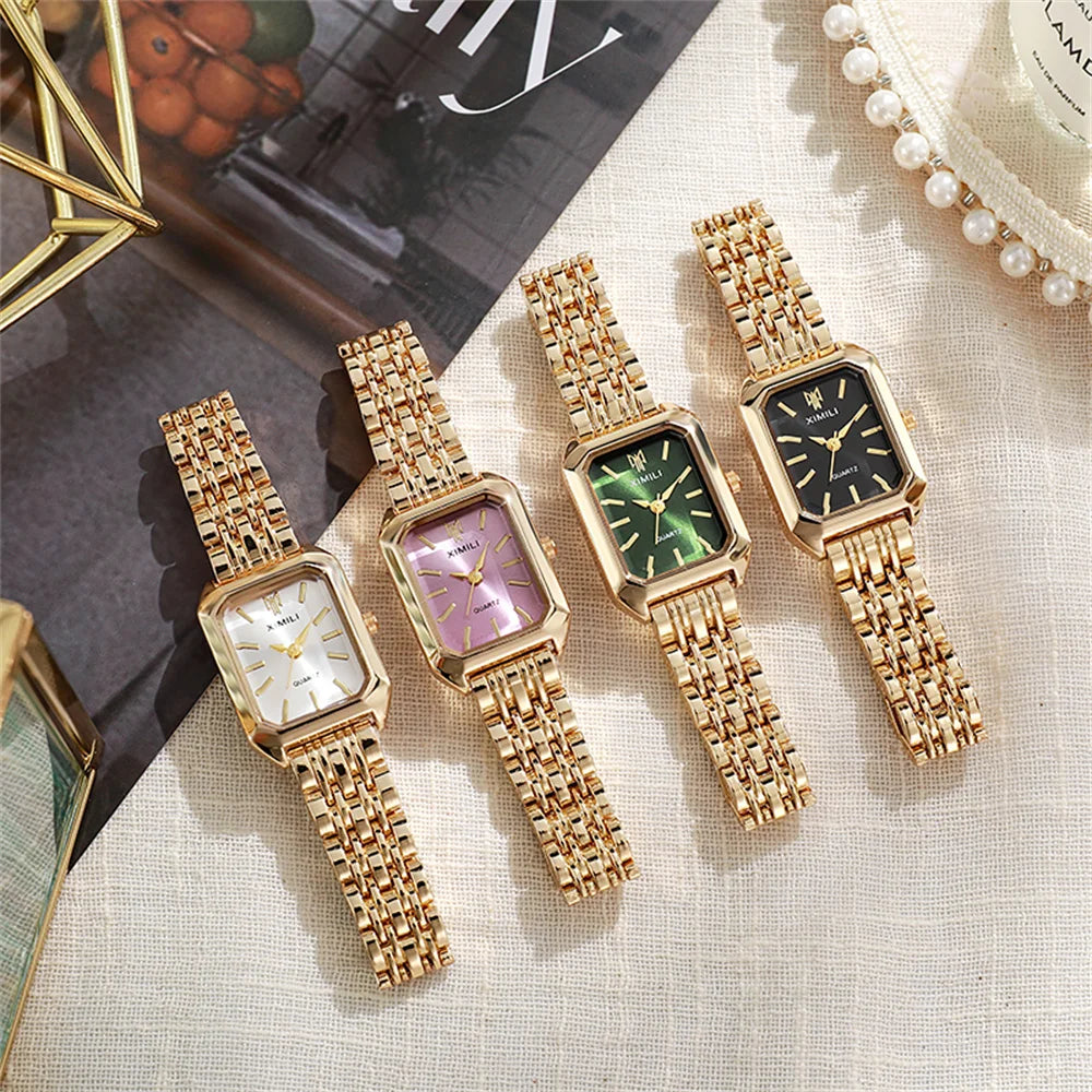 Luxury Ladies Fashion Quartz Watch Simple Scale Square Quality Gold Plated Women Watches Business Stainless Steel Folding Clock